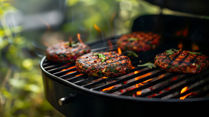 Grilled Vegan Burgers on Outdoor Barbecue.