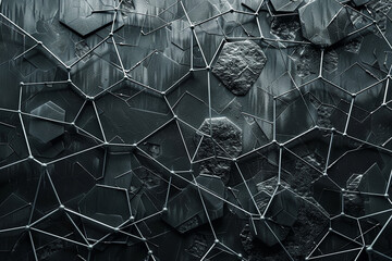 A grayscale abstraction featuring hexagonal wireframes intersecting against a dark, metallic backdrop, hinting at digital connectivity