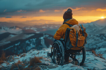 A traveler documenting their adventures as a wheelchair user, breaking down stereotypes and inspiring others to explore without limits. Concept of accessible exploration. Generative Ai.