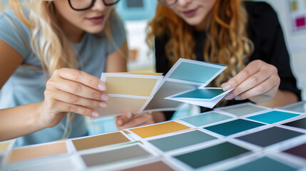 Close-up of female hand choosing wall paint samples. Interior designer consulting with a client looking at a color sample. House renovation concept