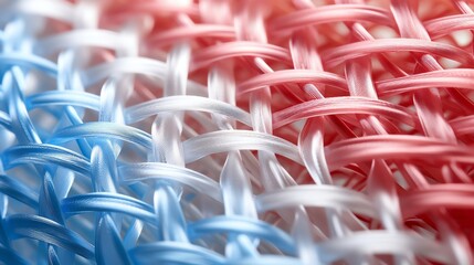 Fototapeta premium A close-up view of woven fabric featuring red, white, and blue threads, showcasing intricate patterns and textures.