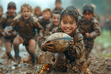 Energetic children tossing a rugby ball on a muddy pitch, embracing the physicality and camaraderie of youth rugby matches. Concept of junior rugby teamwork. Generative Ai.
