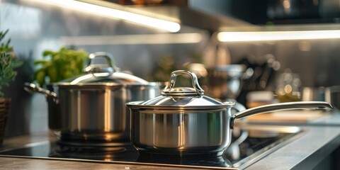 A silver pot sits on a stove with a lid on top