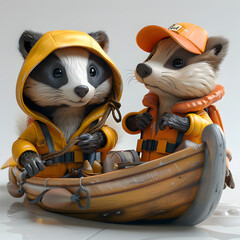A 3D animated cartoon render of a kind-hearted badger saving a stranded boater.