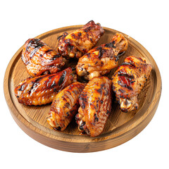 multiple grilled chicken wings on a wooden plate  . Clipart PNG image . Transparent background