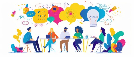 Fototapeta premium colorful creative agency business brain storm meeting people with icon line presentation young people team discussing roadmap