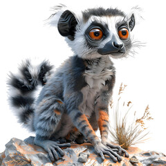 A 3D animated cartoon render of a curious lemur alerting hikers to a dangerous cliff.