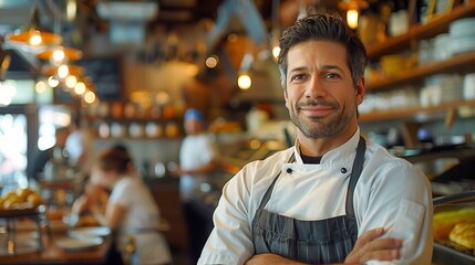 Confident male chef with arms crossed in a busy restaurant kitchen, professional and friendly. Culinary arts and hospitality concept. Design for culinary magazine, advertising.