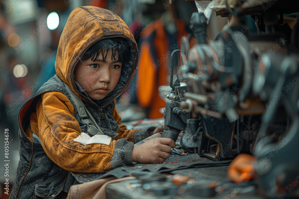 Poster a child laborer toiling in a sweatshop, symbolizing the exploitation and abuse faced by vulnerable p