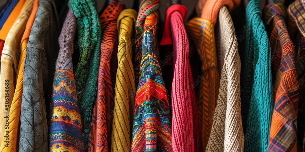 Poster A row of colorful sweaters and a tie hanging on a rack