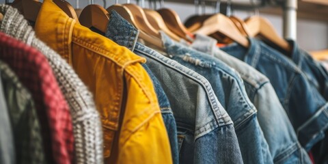 A rack of clothes with a yellow jacket on the top