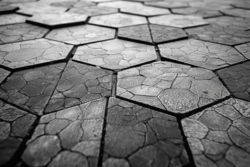 A grayscale photograph capturing the intricate details of hexagonal paving stones on an overcast,...
