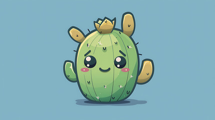 A character in the kawaii style. The cute cactus is dressed in simple and straightforward clothes. He has bright and expressive facial features, with large, expressive eyes.