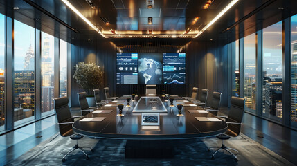 Fototapeta premium Modern corporate boardroom with digital screens and cityscape view at night.