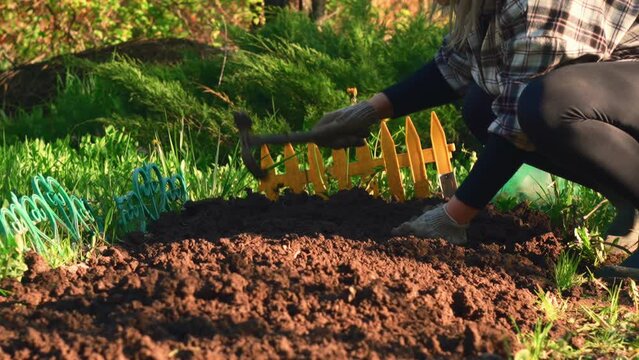 a girl works with a garden rake on her garden plot 