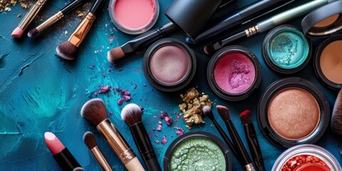 A collection of makeup brushes and powders on a table