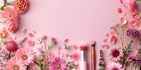Obraz premium A pink background with flowers and makeup brushes