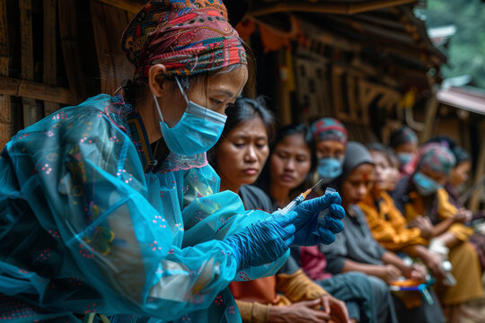 A healthcare worker administering vaccines in a remote village, combating preventable diseases and promoting public health. Concept of global health initiatives. Generative Ai.
