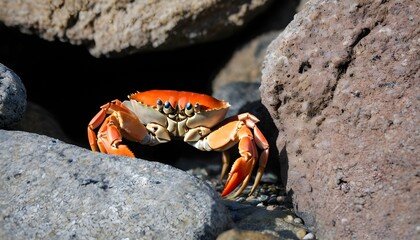 A Crab Peeking Out From A Cluster Of Rocks  2