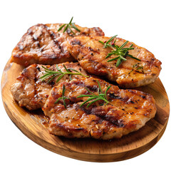multiple grilled schnitzel steaks on a wooden plate . Clipart PNG image . Transparent background