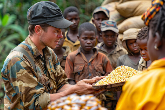 A humanitarian worker distributing food aid to malnourished children in a famine-stricken region, addressing food insecurity and hunger. Concept of humanitarian assistance. Generative Ai.