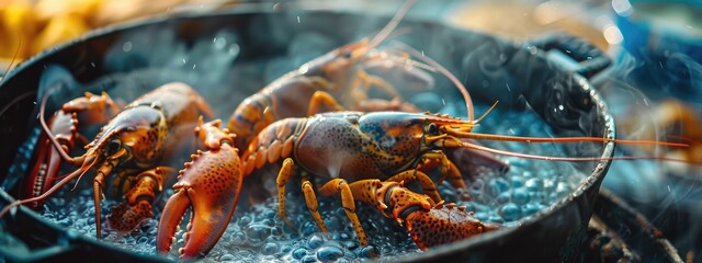 crayfish are cooked in a pot