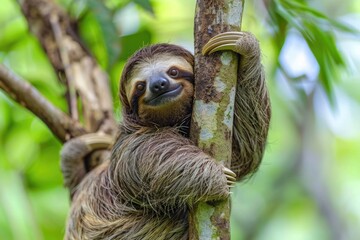 Obraz premium Cute Animal Face. Funny Sloth Portrait in Costa Rica Rainforest Hanging on Tree Branch