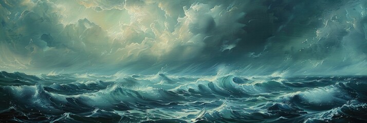 Ocean Drawing. Stormy Ocean Waves in Nature Artwork on Canvas