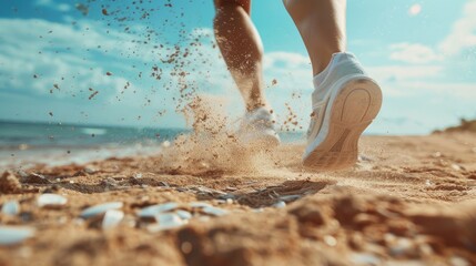 close-up of athlete's legs running on the beach