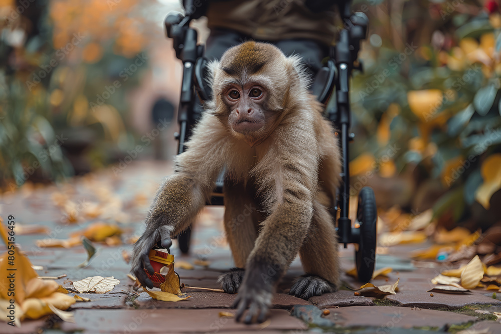 Poster a capuchin monkey assisting a person with mobility impairments by fetching objects and providing sup