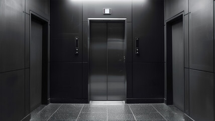 Black double door elevator in an office building, minimalistic