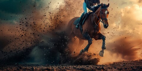 A horse is running through a field of dirt, kicking up dust and debris