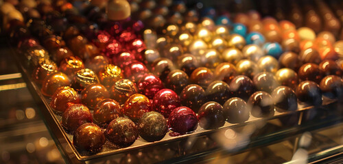 A luxurious display of assorted Mozartkugel chocolates, glistening under soft ambient light.