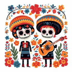 Two children dressed in sombreros and playing a guitar