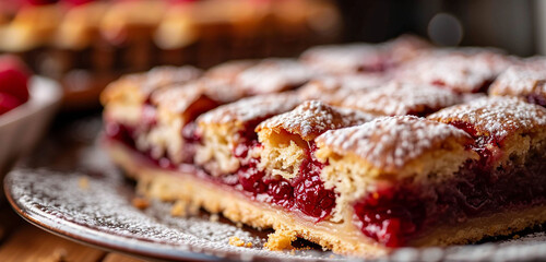 A mouthwatering close-up of a freshly baked Linzer Torte, oozing with raspberry goodness.