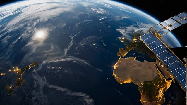 A satellite is flying over the Earth at night