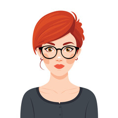 Young female professional standing confidently, red hair, stylish glasses, modern fashion. Casual business attire, intelligent appearance, friendly demeanor, isolated white background. Graphic