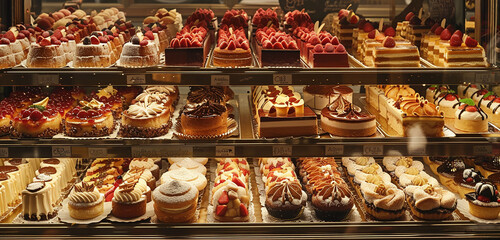 A patisserie display featuring rows of tempting Cremeschnitte pastries, inviting indulgence.
