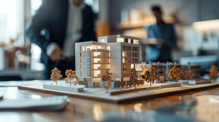 Real Estate Developers, Architects, and Businessmen Strategize around a Complex Scale Model for New Business Buildings in the Office
