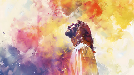 Jesus Christ Worshiping with Watercolor Background and Copy Space