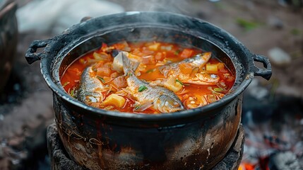 fish soup is cooked in a cauldron outdoors
