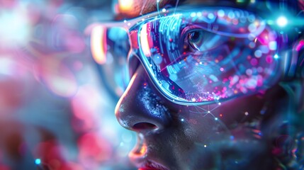 Abstract club scene: masked woman with glowing face under a starry night sky