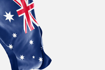 National flag of Australia flutters in the wind. Wavy Australia Flag. Close-up front view.