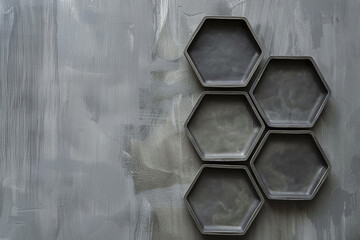 A minimalist arrangement of hexagonal ceramic plates on a sleek, matte-gray tabletop, embodying contemporary design