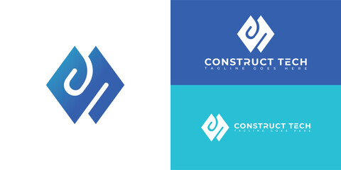 Abstract initial letter CT or TC logo in gradient blue color isolated on multiple background colors. The logo is suitable for technology construction company icon logo design inspiration templates.