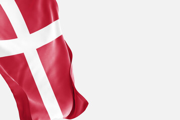 National flag of Denmark flutters in the wind. Wavy Denmark Flag. Close-up front view.