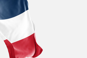 National flag of France flutters in the wind. Wavy France Flag. Close-up front view.