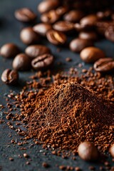 ground coffee and coffee beans close-up