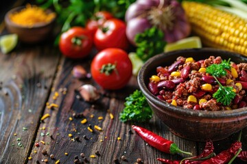 Chili Ingredients. Composition of Raw Minced Meat and Beans in a Wooden Bowl