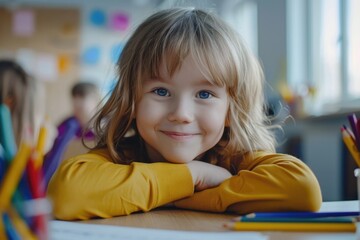 Kid At School. Successful Learner at Primary Childcare Center Drawing with Crayons